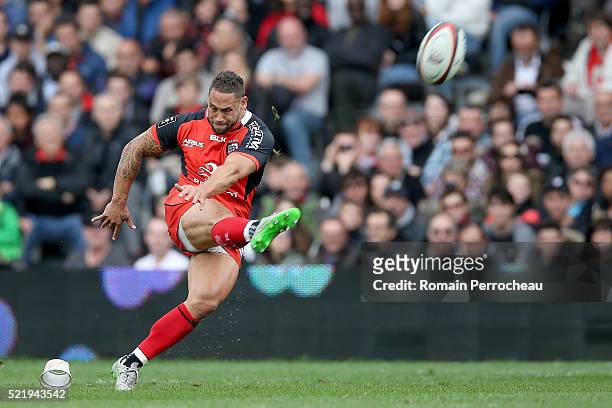 Luke Mcalister for Toulouse takes a penalty kick during the French Top 14 rugby union match between Toulouse v Racing 92 at Stadium on April 17, 2016...