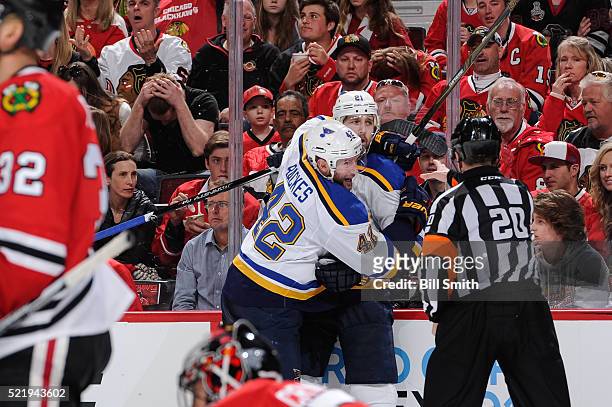 David Backes of the St. Louis Blues hugs Patrik Berglund after Berglund scored against the Chicago Blackhawks in the third period of Game Three of...