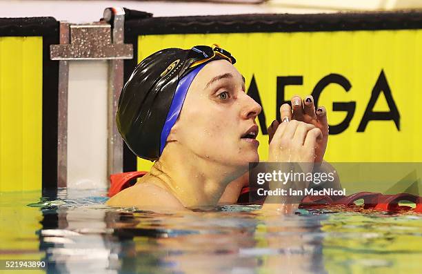 Alys Thomas reacts after winning the Women's 100m Butterfly during Day Six of The British Swimming Championships at Tollcross International Swimming...