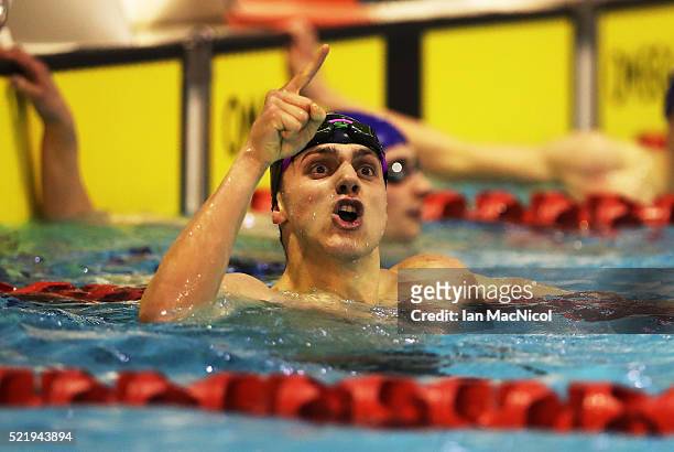 James Guy celebrates after winning the Men's 200m Freestyle during Day Six of The British Swimming Championships at Tollcross International Swimming...