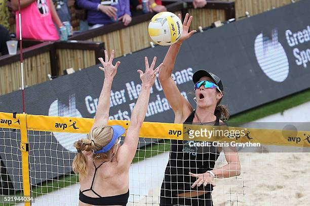Angela Bensed and Kim DiCello in action during the Semi Final round of the AVP New Orleans Open on April 17, 2016 in Kenner, Louisiana.
