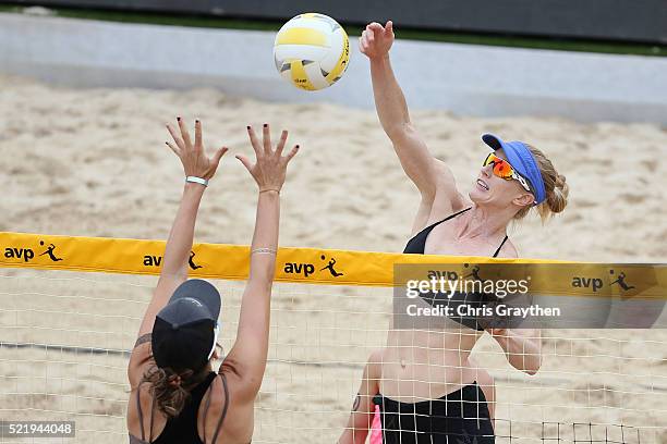 Angela Bensed and Kim DiCello in action during the Semi Final round of the AVP New Orleans Open on April 17, 2016 in Kenner, Louisiana.