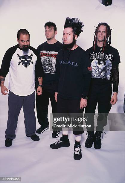 American metal band Static-X, USA, 2002. Left to right: bassist Tony Campos, drummer Ken Jay, singer Wayne Static and guitarist Tripp Eisen.