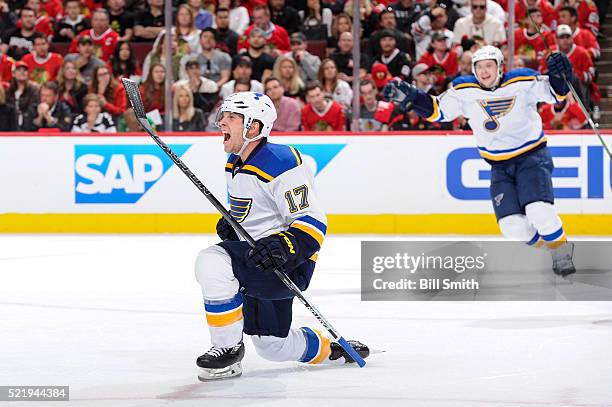 Jaden Schwartz of the St. Louis Blues reacts after scoring against the Chicago Blackhawks in the third period of Game Three of the Western Conference...