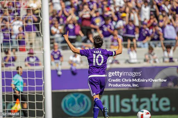 Kaka of the Orlando City Lions celebrates after scoring a penalty kick against the New England Revolution April 17, 2016 at the Citrus Bowl in...