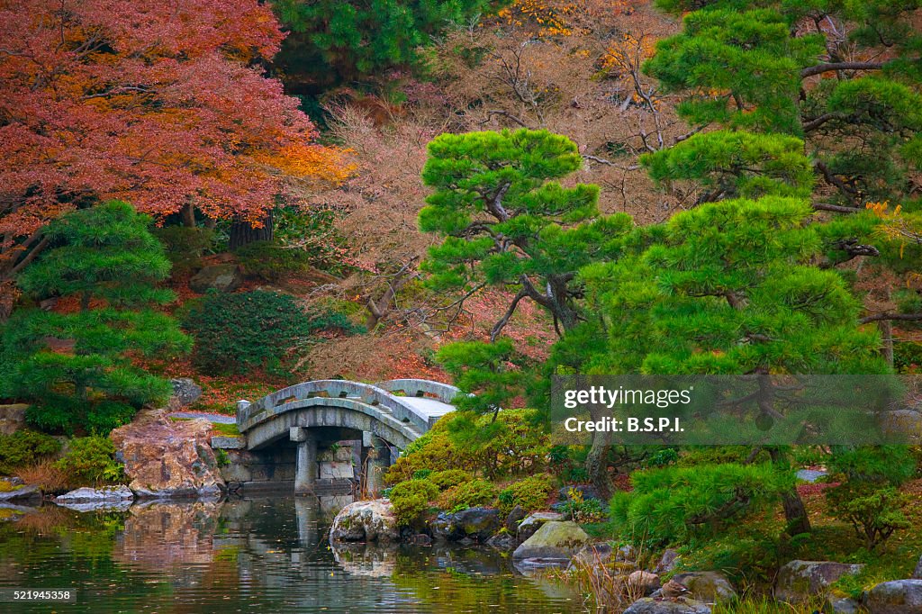A telephoto view shows a traditional arched stone bridge in the North Pond at Sento Imperial Palace, located in Imperial Park in central Kyoto, Japan