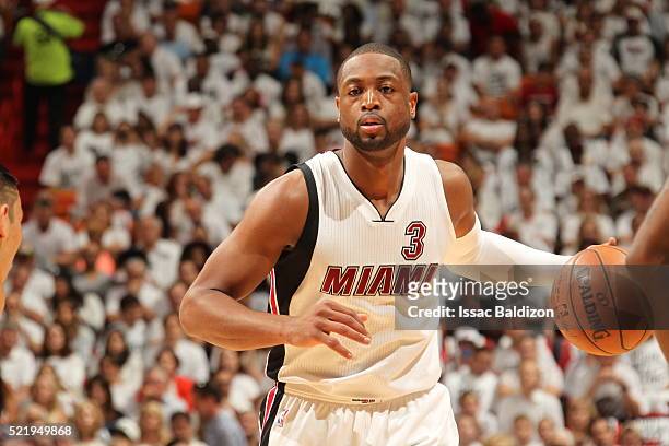 Dwyane Wade of the Miami Heat drives to the basket against the Charlotte Hornets during Game One of the Eastern Conference Quarterfinals of the 2016...