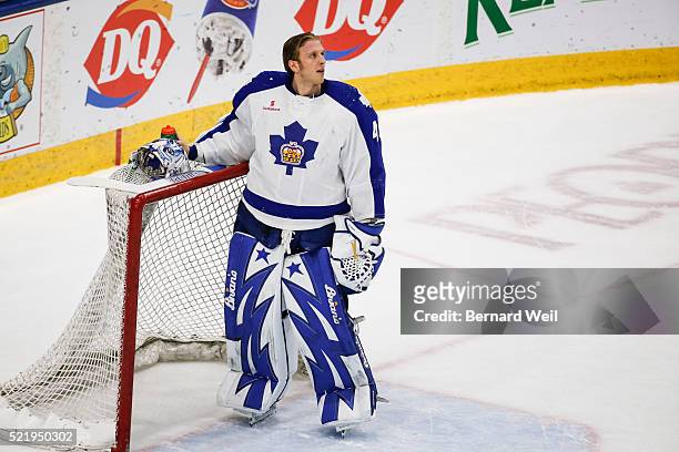 Marlies' goalie Garret Sparks watches a replay on the screen in AHL action between the Toronto Marlies and Rochester Americans. April 17, 2016.