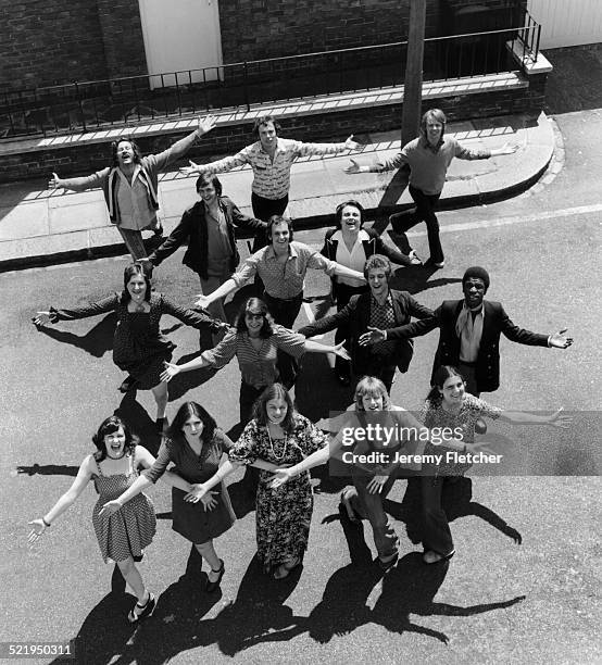 English actor, novelist and screenwriter Julian Fellowes with his classmates at the Webber Douglas Academy of Dramatic Art in London, 1972. Also...