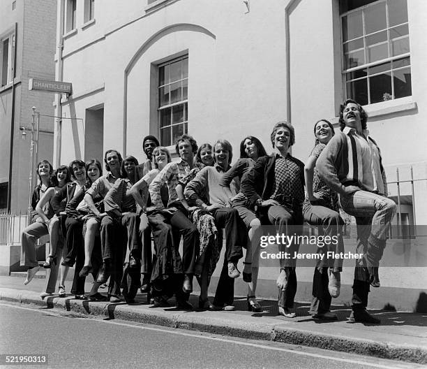 English actor, novelist and screenwriter Julian Fellowes with his classmates at the Webber Douglas Academy of Dramatic Art in London, 1972. Also...