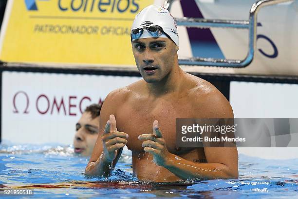Leonardo De Deus of Brazil wins the Mens 200m Butterfly Final during the Maria Lenk Trophy competition at the Aquece Rio Test Event for the Rio 2016...