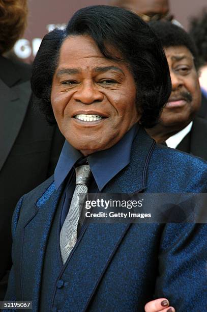 James Brown stops at the TV Guide stage as they arrive to the 47th Annual Grammy Awards at the Staples Center February 13, 2005 in Los Angeles,...