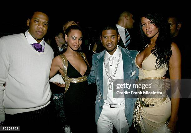 Rapper Jay Z, singer Beyonce Knowles, Usher and Eisha Brightwell attend Usher's Private Grammy Party hosted by Entertainment Weekly held at the...