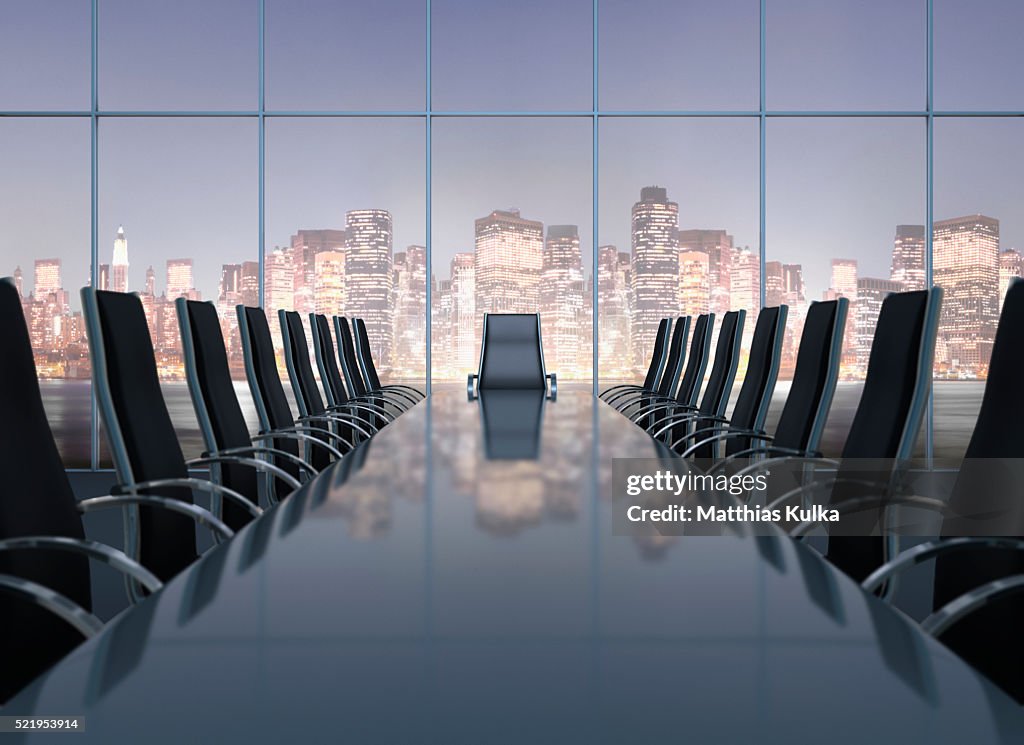 Conference room with city skyline