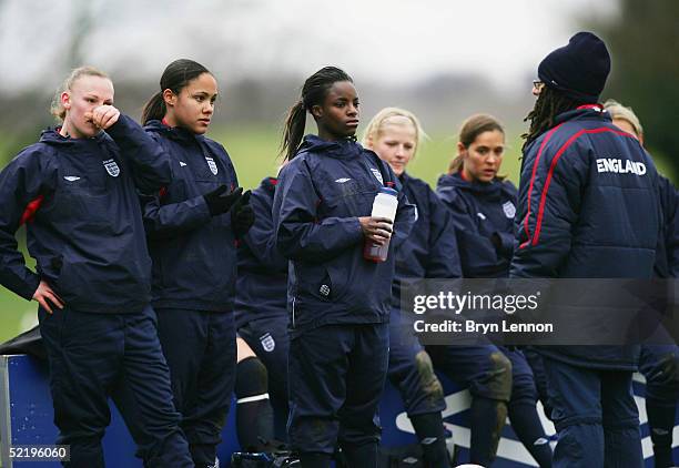 England Coach Hope Powell talks to the team during a training session as part of the team's preparations for Women's Euro 2005 Championship at Milton...