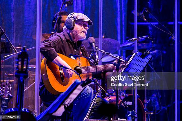 Silvio Rodriguez performs on stage at Palau Sant Jordi on April 17, 2016 in Barcelona, Spain.