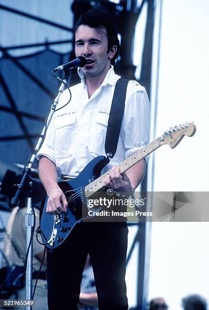 The Edge performs during the War Tour at Pier 84 on June 29, 1983 in New York City.