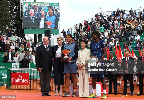 Prince Albert II of Monaco, Princess Charlene of Monaco, winner of tournament Rafael Nadal of Spain, Elisabeth Anne de Massy and runner-up Gael...
