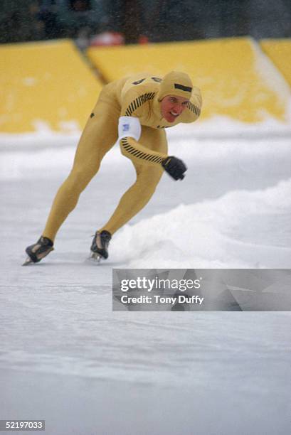 Speed skater Eric Heiden of the United States competes during the 1980 Winter Olympics circa February of 1980 in Lake Placid, New York.