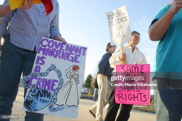 Gay and lesbian activists picket outside the Alltel Arena in opposition to an event celebrating covenant marriages February 14, 2005 in Little Rock,...