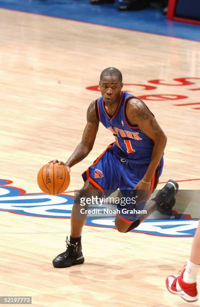 Jamal Crawford of the New York Knicks drives against the Los Angeles Clippers during the game on January 31, 2005 at the Staples Center in Los...