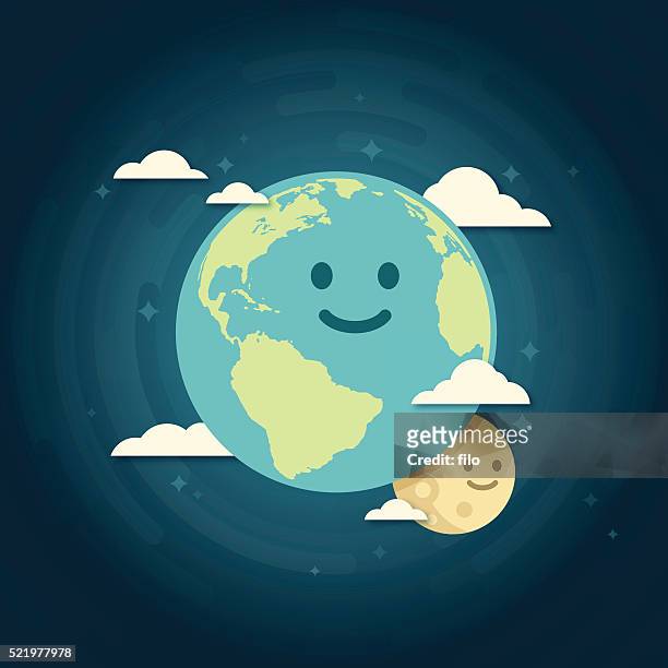 illustrazioni stock, clip art, cartoni animati e icone di tendenza di sorridente terra e luna - globo terrestre