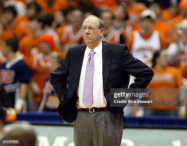 Head coach Jim Boeheim of the Syracuse Orangemen watches from the sideline in NCAA action against the Pittsburgh Panthers February 14, 2005 at the...
