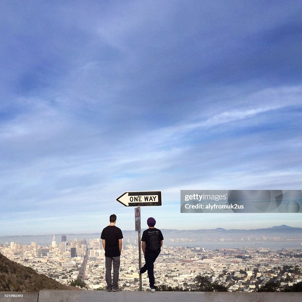 Two boys looking at view, Twin Peaks, California, America, USA