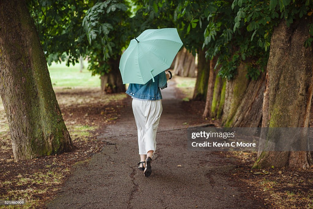 Rear view of young woman with umbrella strolling in park