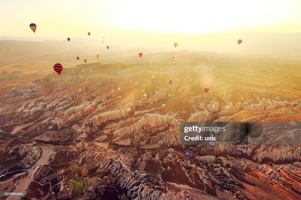 Hot air balloons flying over Cappadocia, Turkey