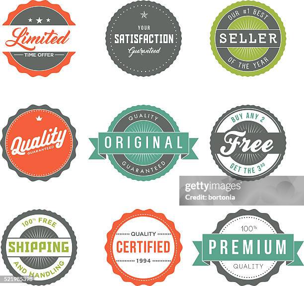 bildbanksillustrationer, clip art samt tecknat material och ikoner med assorted retro product marketing labels icon set - quality