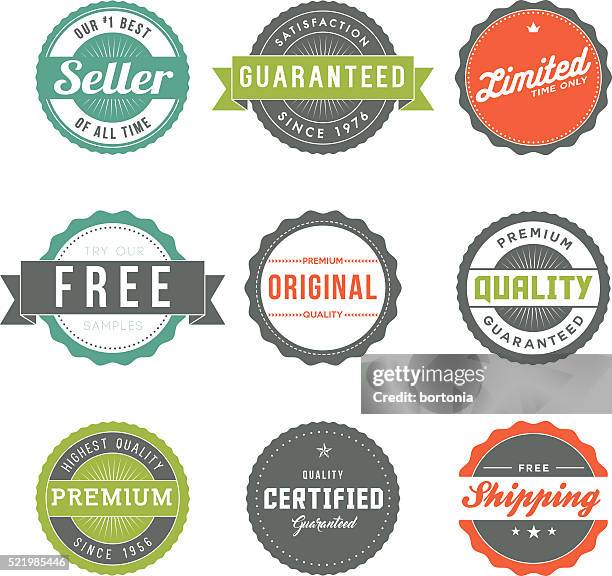 assorted retro product marketing labels icon set - buy one get one free stock illustrations