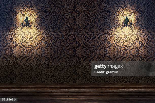 empty spotlit room with flower pattern wallpaper - castle indoor stock pictures, royalty-free photos & images