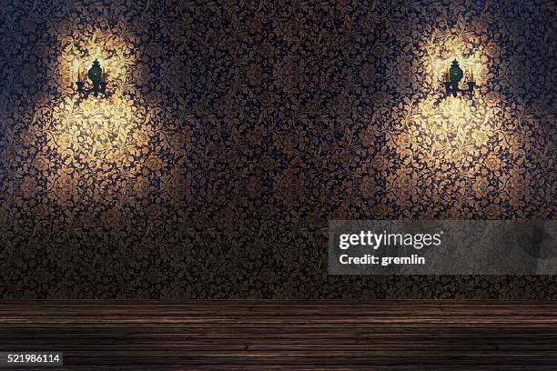 iluminada sala vazia com flor padrão papel de parede - papel de parede imagens e fotografias de stock