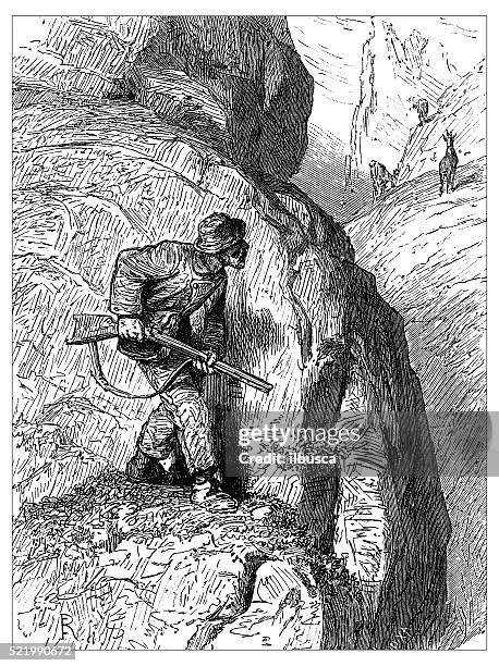 antique illustration of switzerland: chamois hunting - chamois stock illustrations