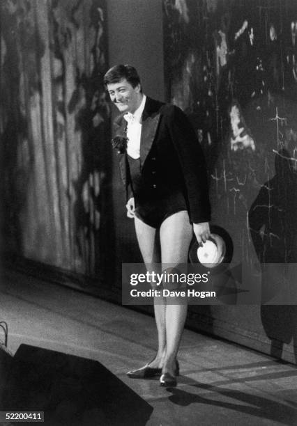 English comic Stephen Fry hosts the comedy revue 'Hysteria 3' in support of the Terrence Higgins Trust, 1991.