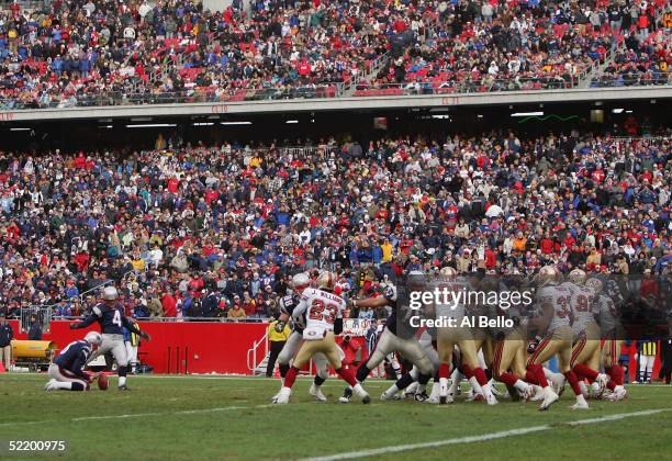 Kicker Adam Vinatieri of the New England Patriots attempts to score against the San Francisco 49ers during the game on January 2, 2005 at Gillette...