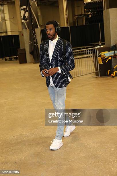 Mike Conley of the Memphis Grizzlies arrives for the game against the San Antonio Spurs in Game One of the Western Conference Quarterfinals during...