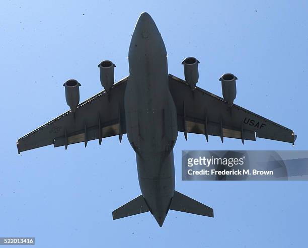 Boeing C-17 military transport airplane flies over the 42nd Toyota Grand Prix of Long Beach on April 17, 2016 in Long Beach, California.