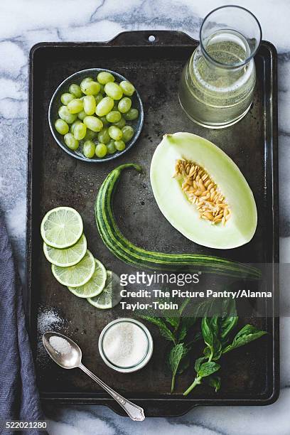 melon, grapes, cucumber, mint, sugar, vinho verde ingredients on a baking tray. - vinho stock pictures, royalty-free photos & images