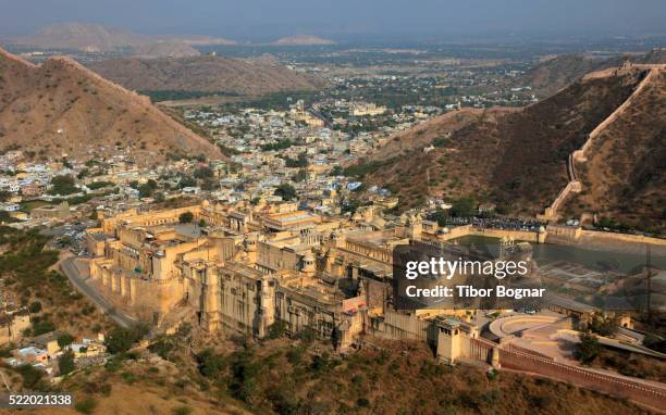 india, rajasthan, jaipur, amber, fort, aerial view, - fort stock pictures, royalty-free photos & images