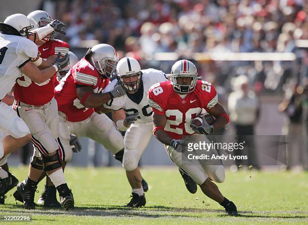 Maurice Hall of the Ohio State Buckeyes carries the ball during the game against the Penn State Nittany Lions at Ohio Stadium on October 30, 2004 in...