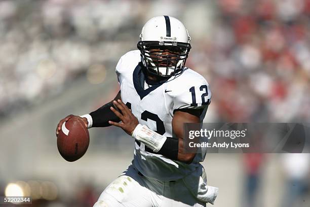 Michael Robinson of the Penn State Nittany Lions looks to pass during the game against the Ohio State Buckeyes at Ohio Stadium on October 30, 2004 in...