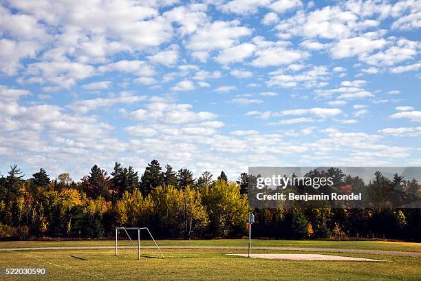 schoolyard on edge of forest - vintage basketball court stock pictures, royalty-free photos & images