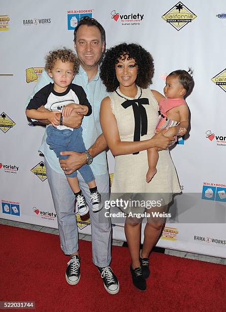 Adam Housley, Aden John Tanner Housley, Tamera Mowry and Ariah Talea Housley arrive at the 7th Annual Milk + Bookies' Story Time Celebration at...