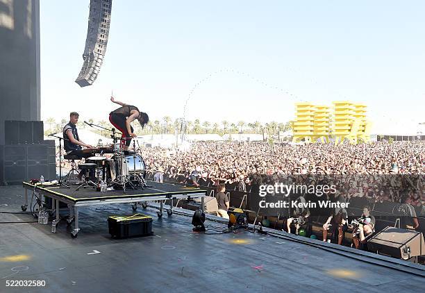 Recording artists Matt Johnson and Kim Schifino of Matt and Kim perform onstage during day 3 of the 2016 Coachella Valley Music And Arts Festival...