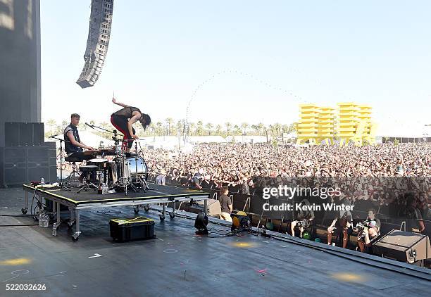 Recording artists Matt Johnson and Kim Schifino of Matt and Kim perform onstage during day 3 of the 2016 Coachella Valley Music And Arts Festival...