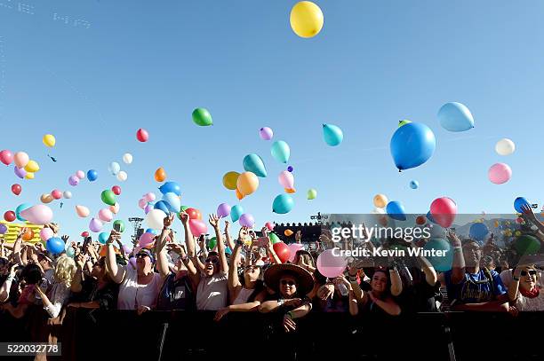 Festival goers are seen during Matt and Kim on day 3 of the 2016 Coachella Valley Music And Arts Festival Weekend 1 at the Empire Polo Club on April...