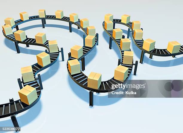 conveyer belt with boxes - produktionsgerät stock-fotos und bilder