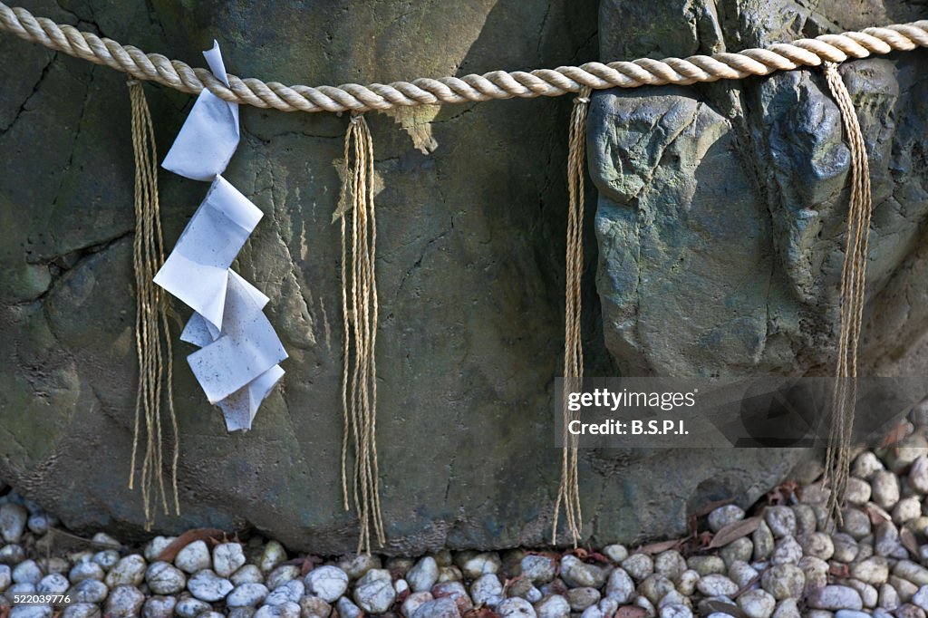 Red Rope Around Rocks Japan Sacred Rock And Shimenawa Straw Rope In Shokeien Garden At Kamigamo ...